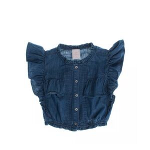 GAP x Loveshackfancy Girls Dark Blue Denim Ruffle Button Down Shirt Size‎ 8-9
